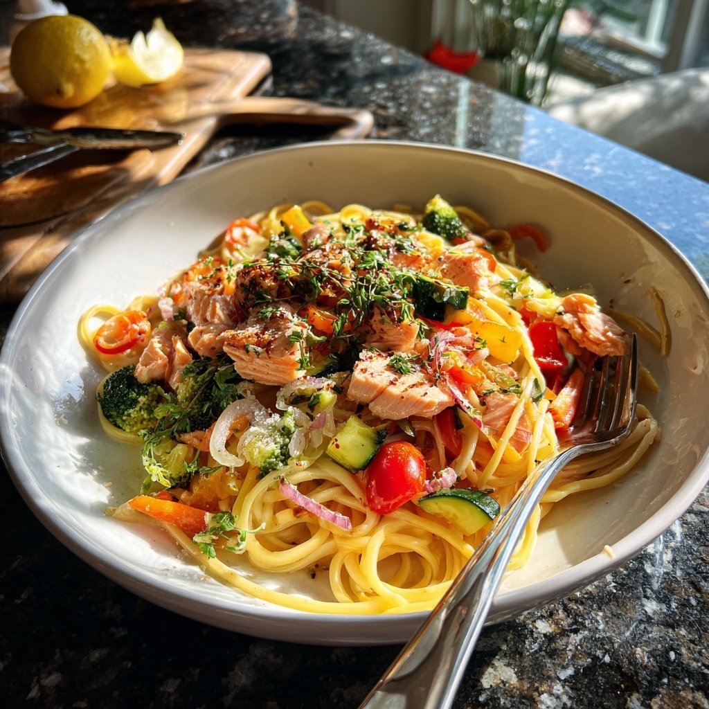 Mediterranean Salmon Pasta Primavera