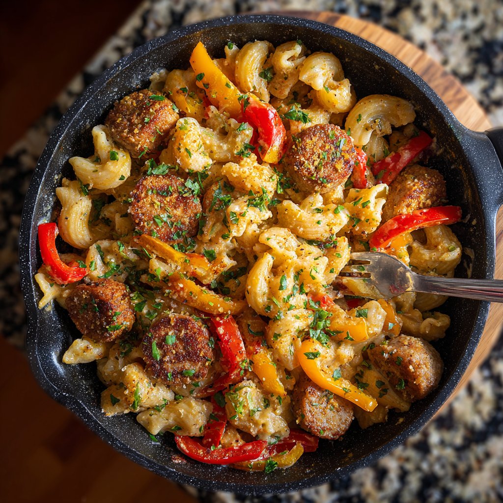 One Pot Cajun Sausage Pasta with Crispy Topping